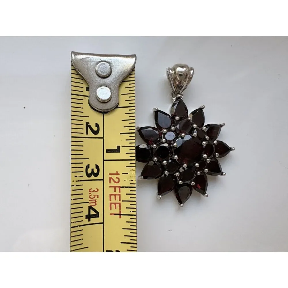 Estate Large Sterling Silver Garnet Pear & Round Cut Sunburst Pendant 14.24cttw